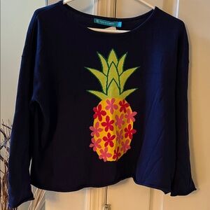 Tori Richard navy blue sweater with colorful pineapple design , size medium